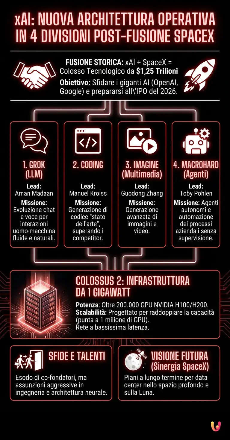 xAI: nuova architettura operativa in 4 divisioni post-fusione SpaceX - Infografica riassuntiva