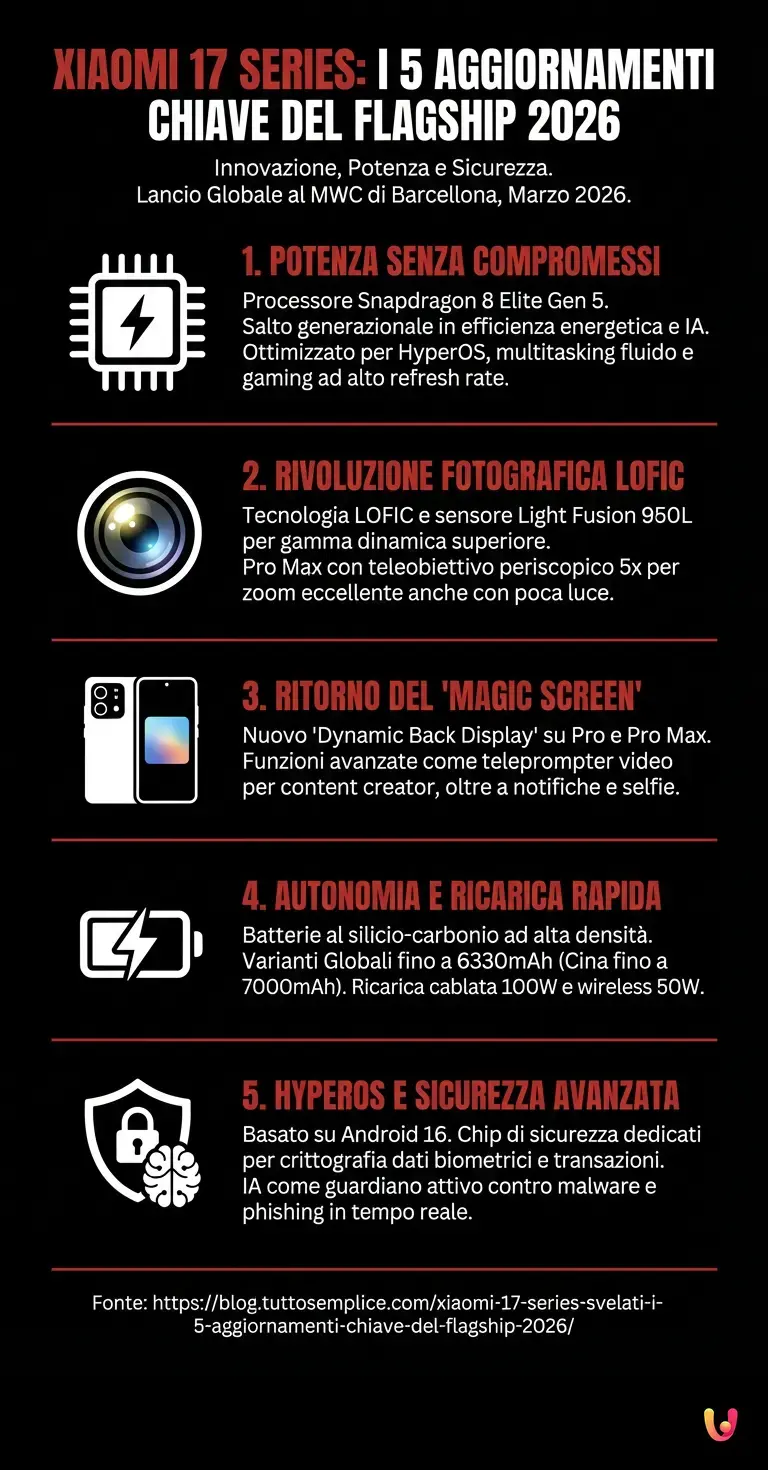Xiaomi 17 Series: Svelati i 5 Aggiornamenti Chiave del Flagship 2026 - Infografica riassuntiva