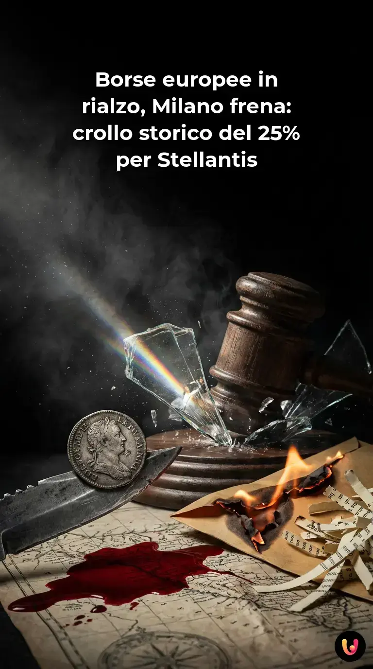Logo Stellantis davanti a un grafico di borsa in forte discesa rossa