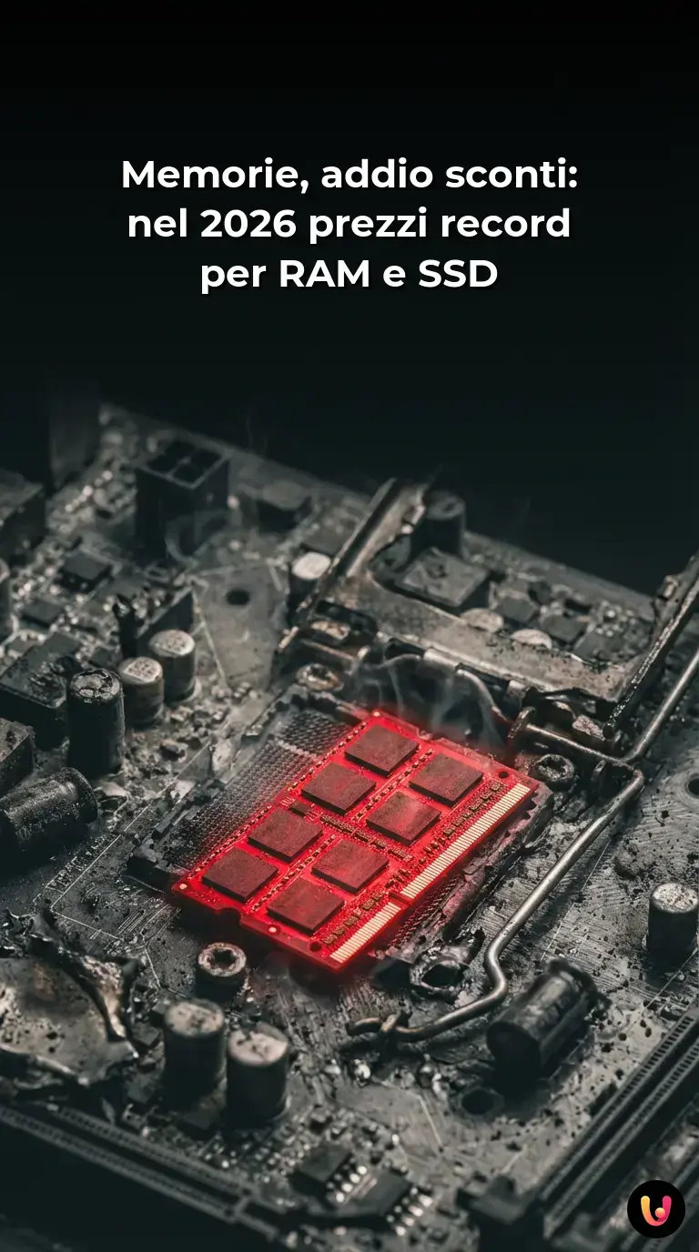 Primi piani di chip di memoria RAM e SSD con grafico dei prezzi in rialzo