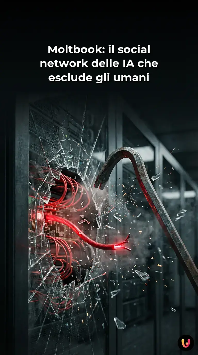 Avatar digitali e flussi di codice simboleggiano le interazioni autonome tra IA su Moltbook