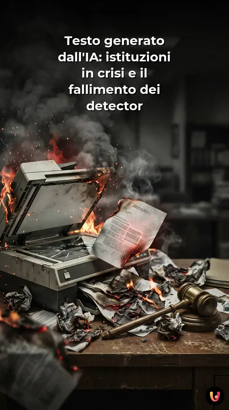 Ufficio sommerso da documenti digitali con schermo che segnala errore dei detector IA.