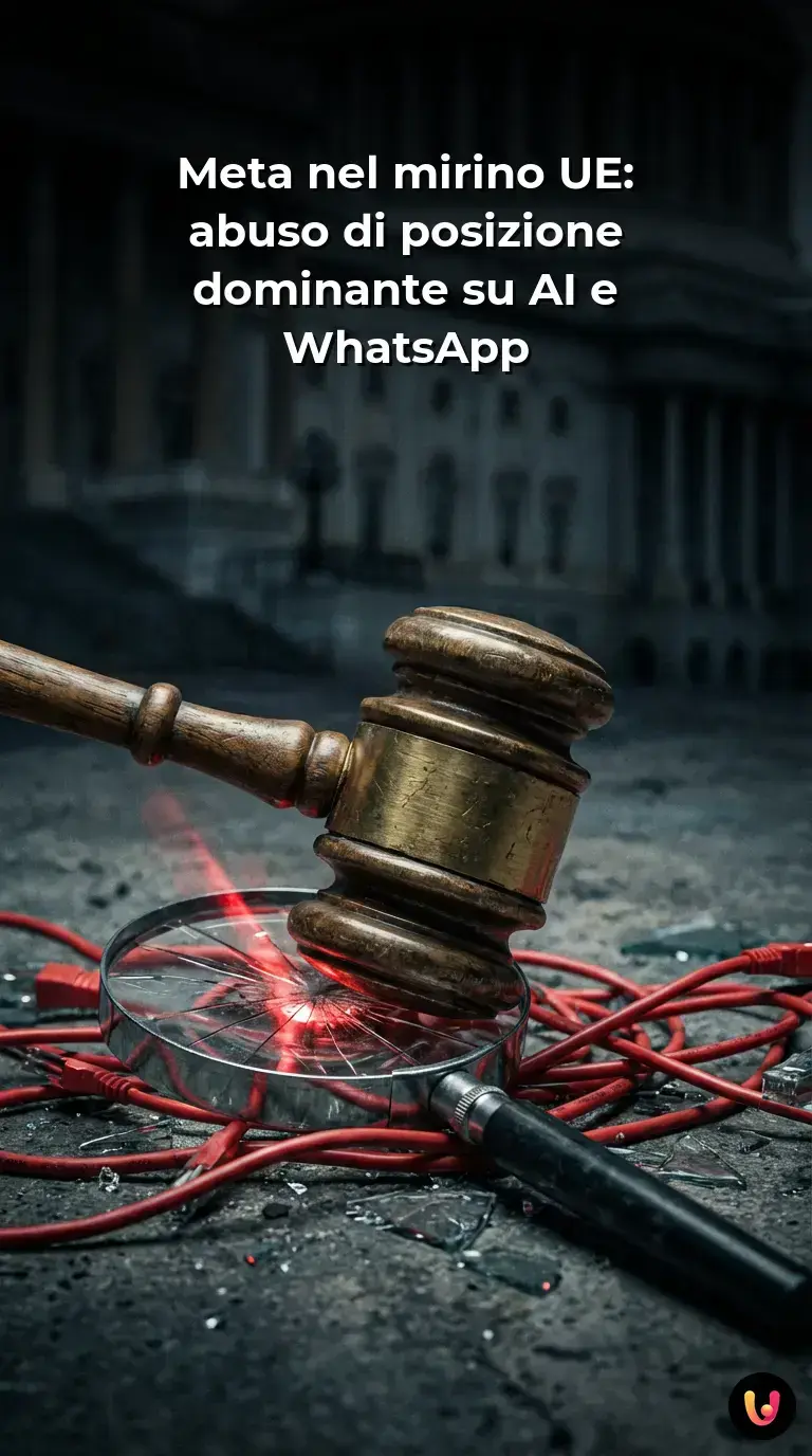 Bandiera dell'Unione Europea contrapposta al logo Meta su sfondo tecnologico