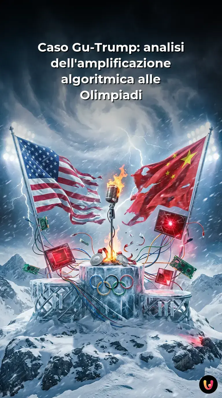 Primo piano di Eileen Gu con bandiere USA e Cina e grafiche di algoritmi digitali.