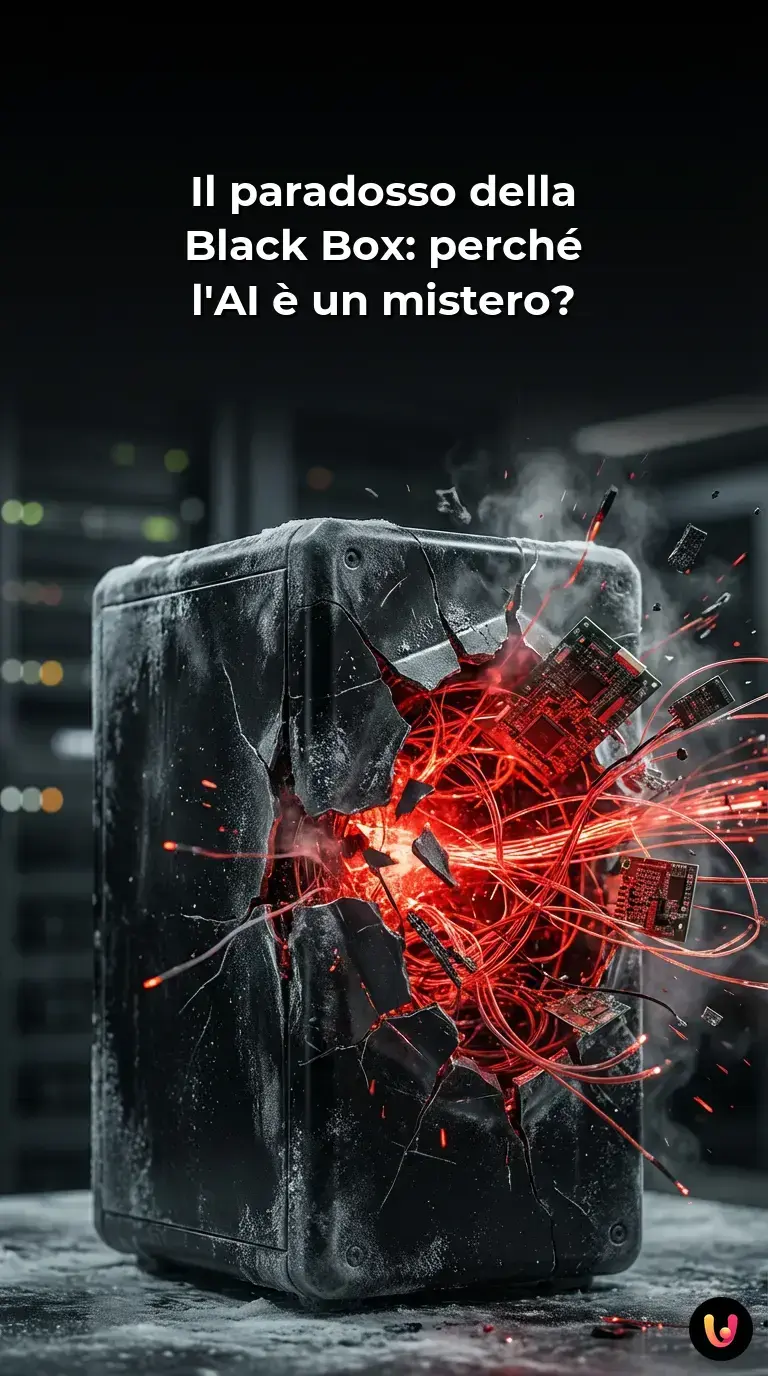 Rappresentazione astratta di una rete neurale complessa all'interno di un cubo scuro.