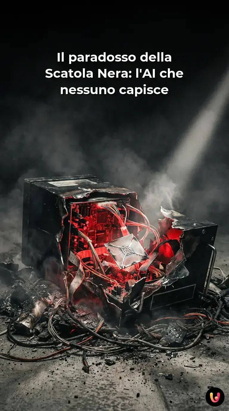 Rappresentazione concettuale di una rete neurale luminosa dentro una scatola scura