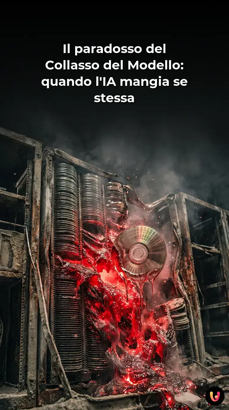 Rappresentazione concettuale di un algoritmo IA che si frammenta in un loop infinito.