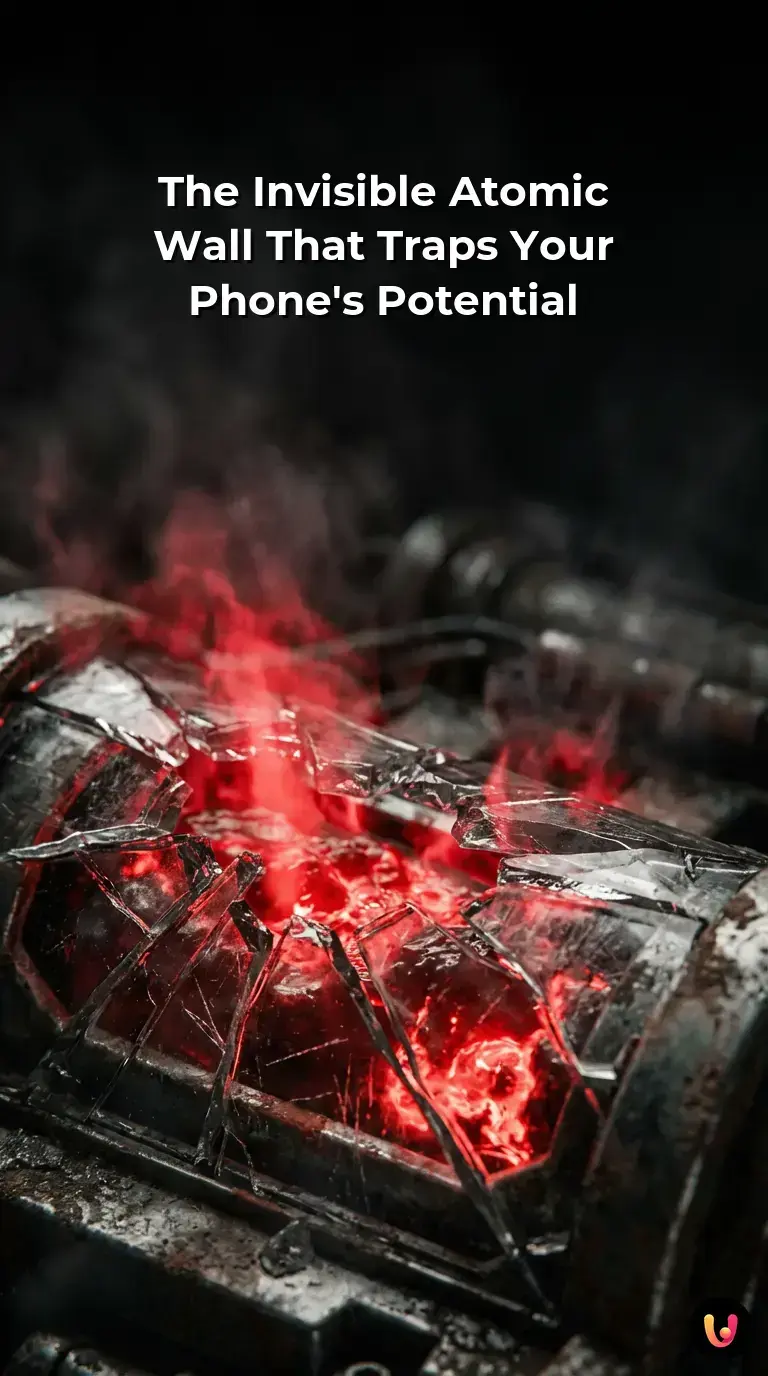A draining smartphone battery icon contrasts with a complex atomic background.