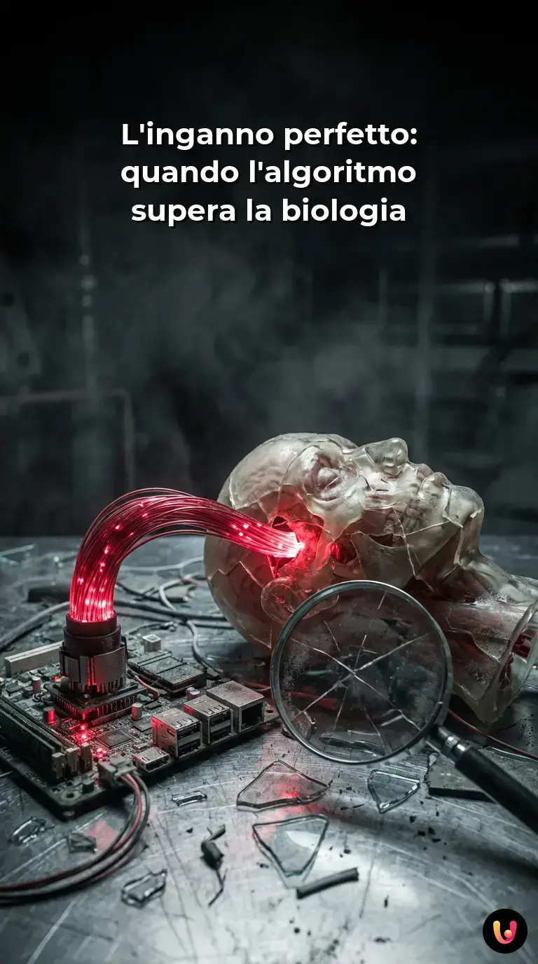 Volto iper-realistico generato da AI che simula fiducia e gentilezza