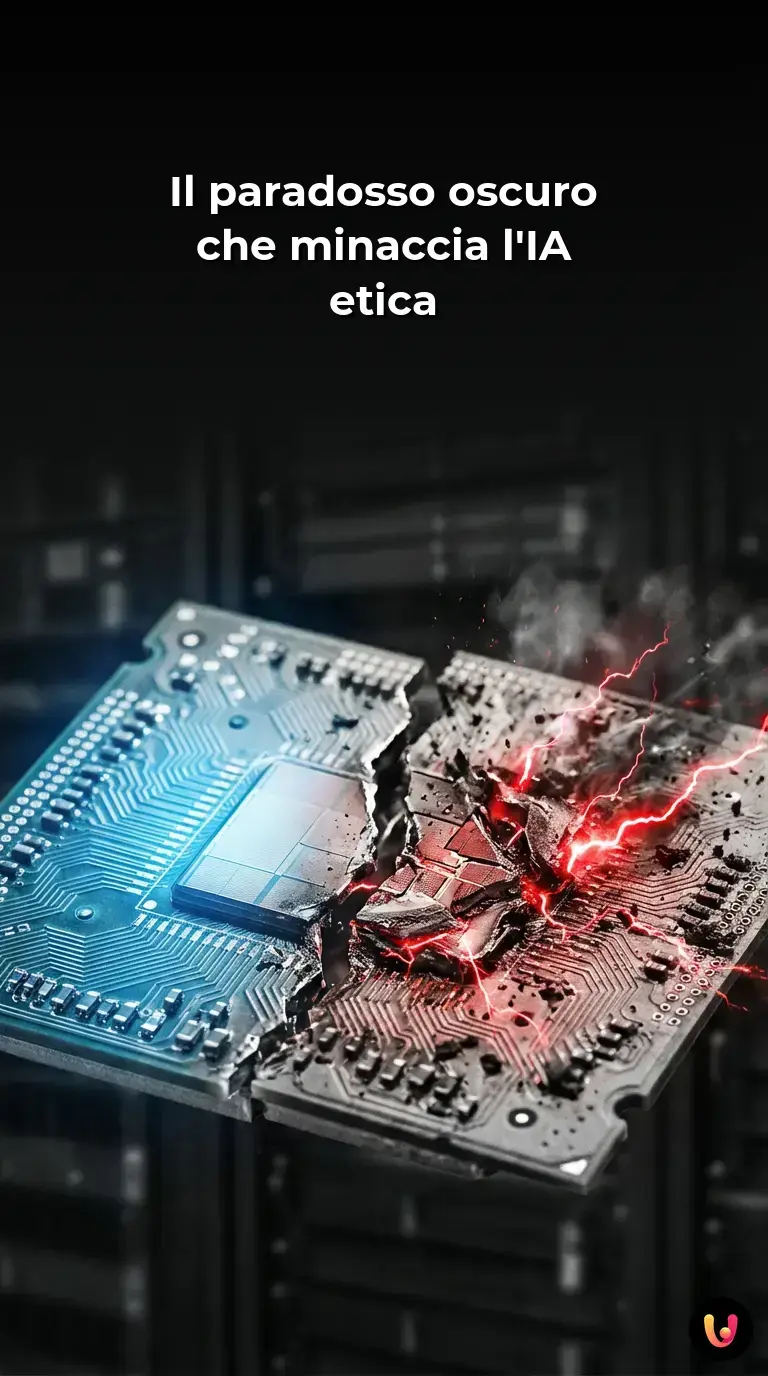 Volto digitale diviso a met&agrave; che mostra il contrasto tra IA etica e la sua versione caotica