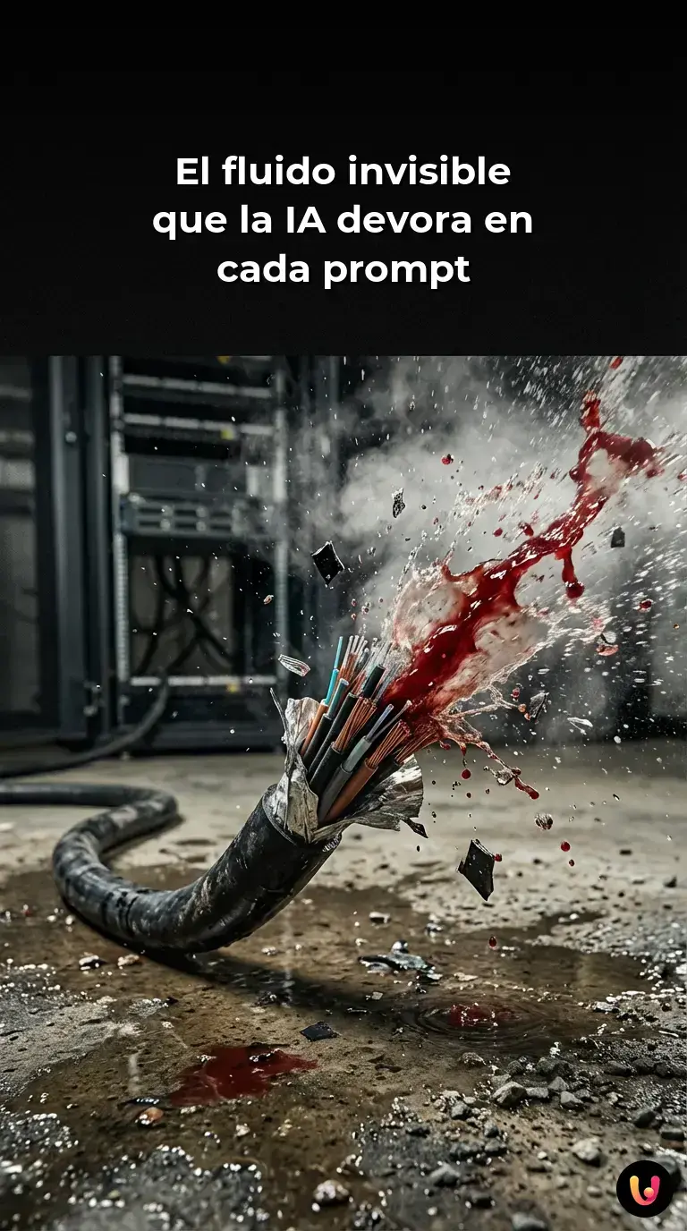 Servidores de datos y flujo de agua simbolizando el coste ambiental de la IA