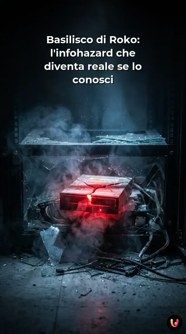 Silhouette umana osserva una rete neurale digitale che rappresenta il Basilisco di Roko