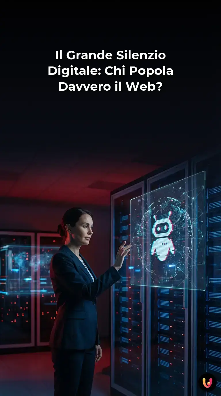 Bot e algoritmi AI simulano interazioni umane in un ambiente digitale astratto e futuristico