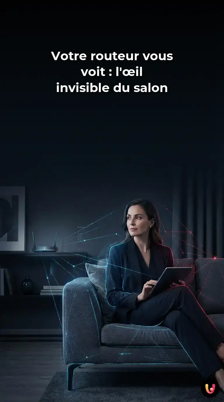 Routeur Wi-Fi &eacute;mettant des ondes abstraites d&eacute;tectant une silhouette humaine dans un salon.