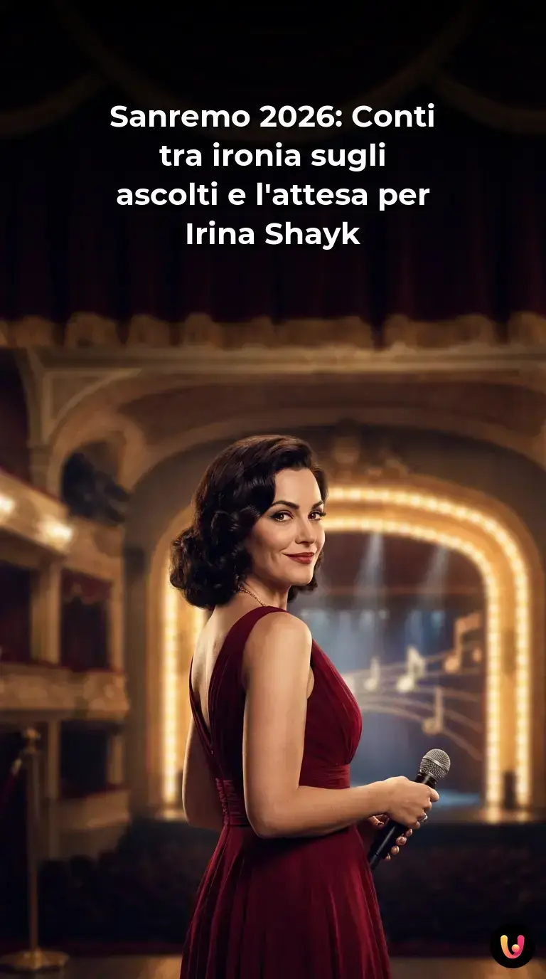 Carlo Conti sorridente accanto a Irina Shayk durante la conferenza stampa di Sanremo 2026