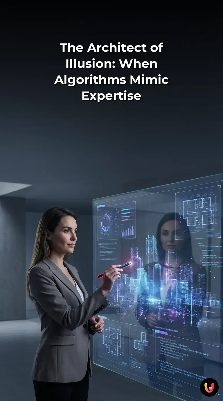Professional staring at glowing AI interface reflecting a digital mirage