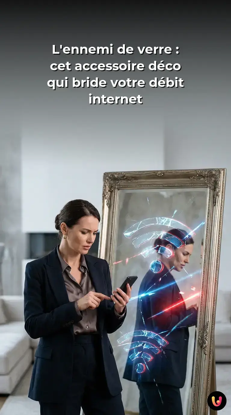 Ondes Wi-Fi bloqu&eacute;es par un miroir d&eacute;coratif dans un salon moderne.