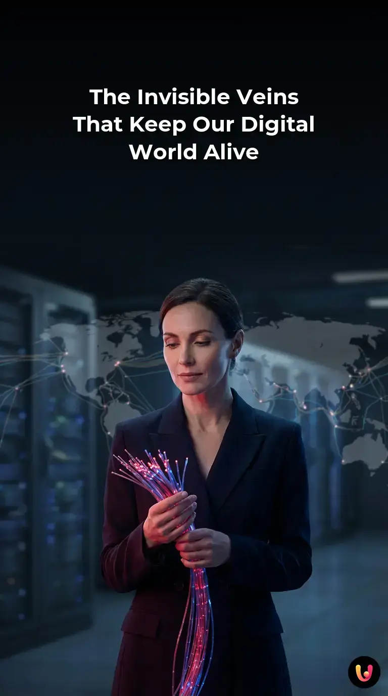 Glowing blue fiber optic cables transmitting digital data signals.