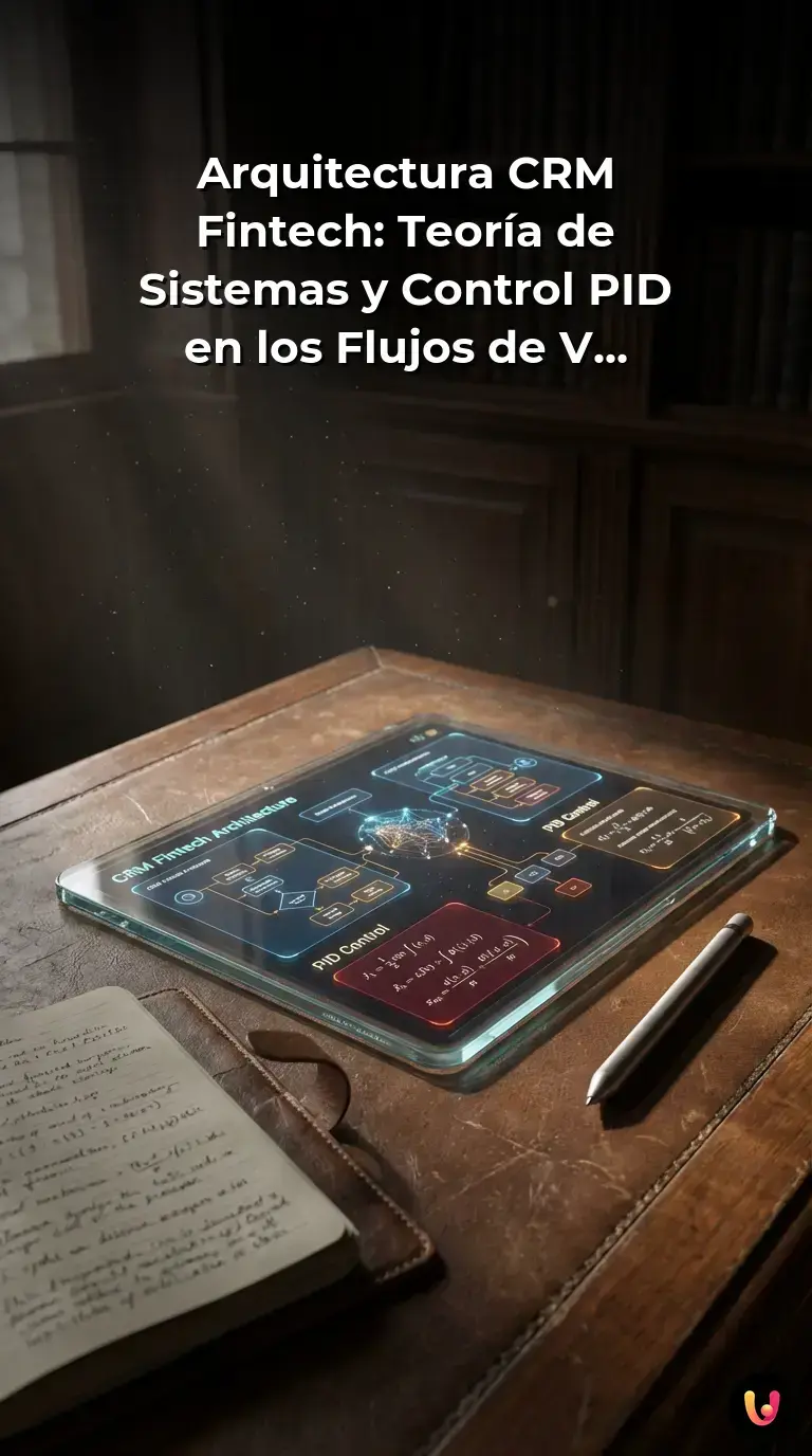 Infografía sobre arquitectura CRM Fintech y Control PID en flujos de venta