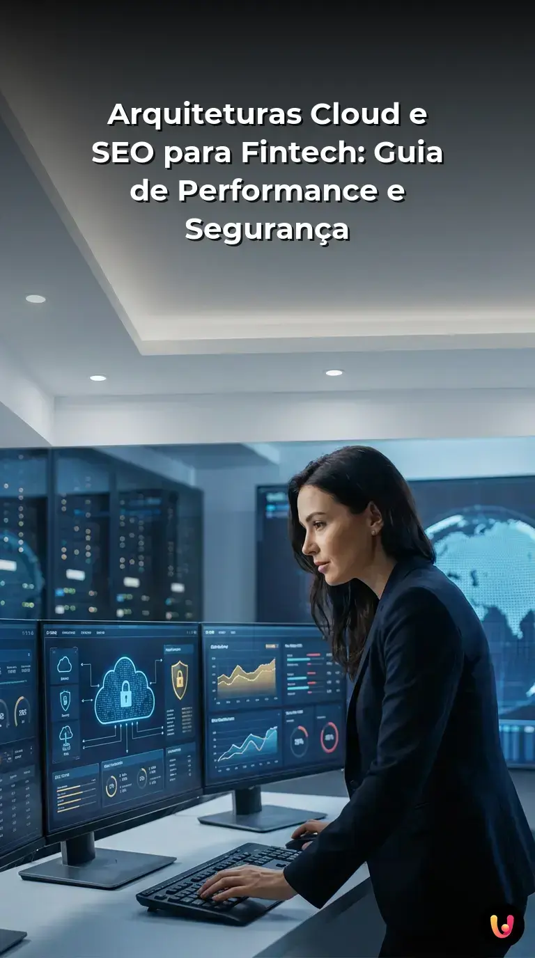 Gr&aacute;fico de arquitetura cloud unindo seguran&ccedil;a banc&aacute;ria e SEO.