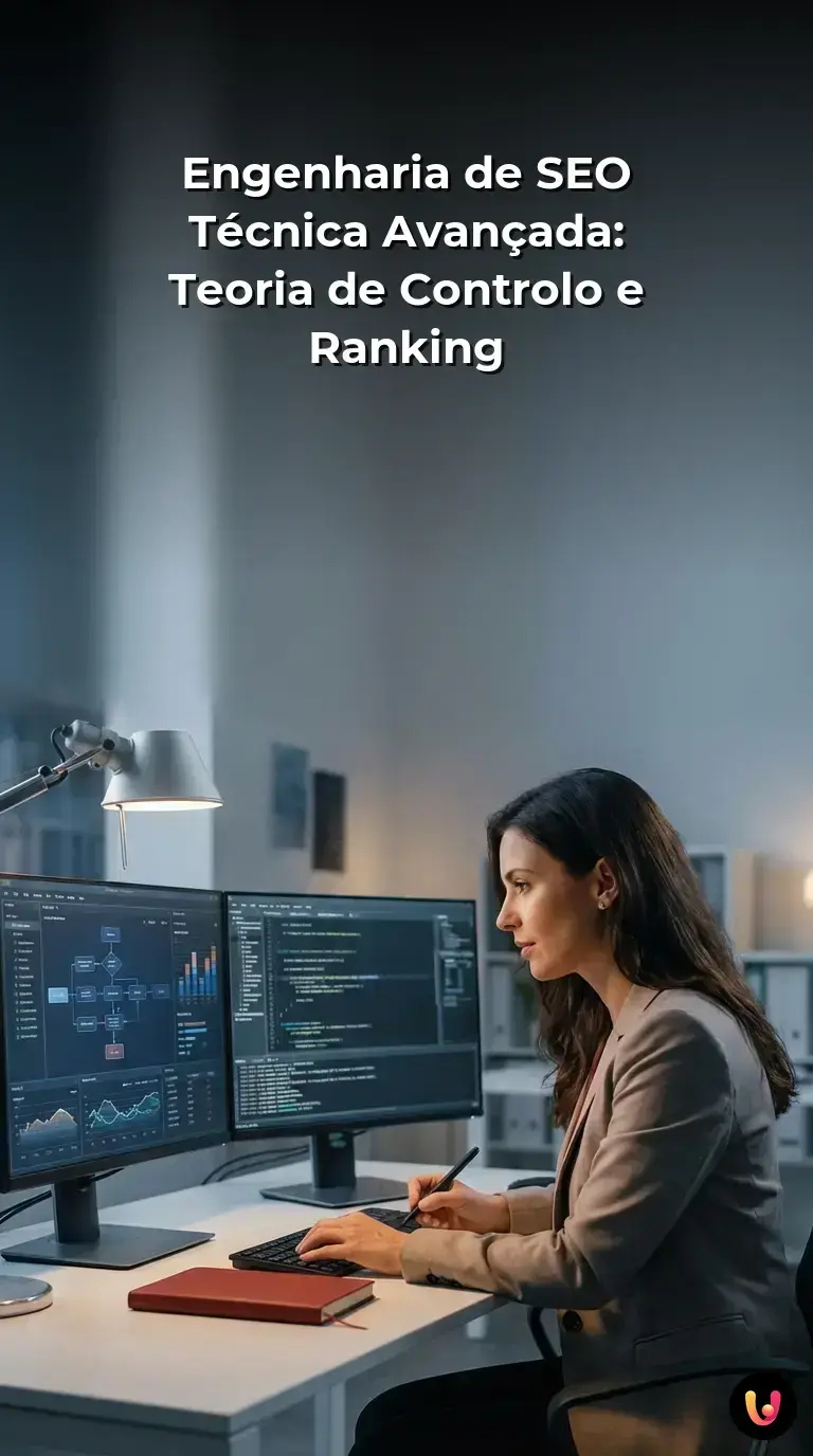 Infográfico detalhando a engenharia de SEO técnica e a teoria de controlo no ranking do Google.