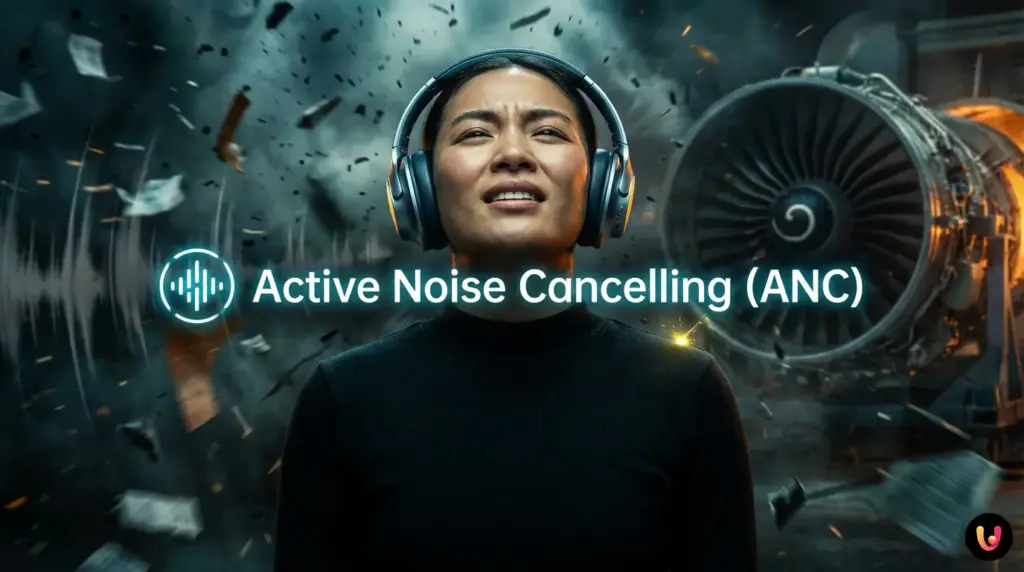 Entspannte Person mit Noise-Cancelling-Kopfh&ouml;rern im Flugzeug.