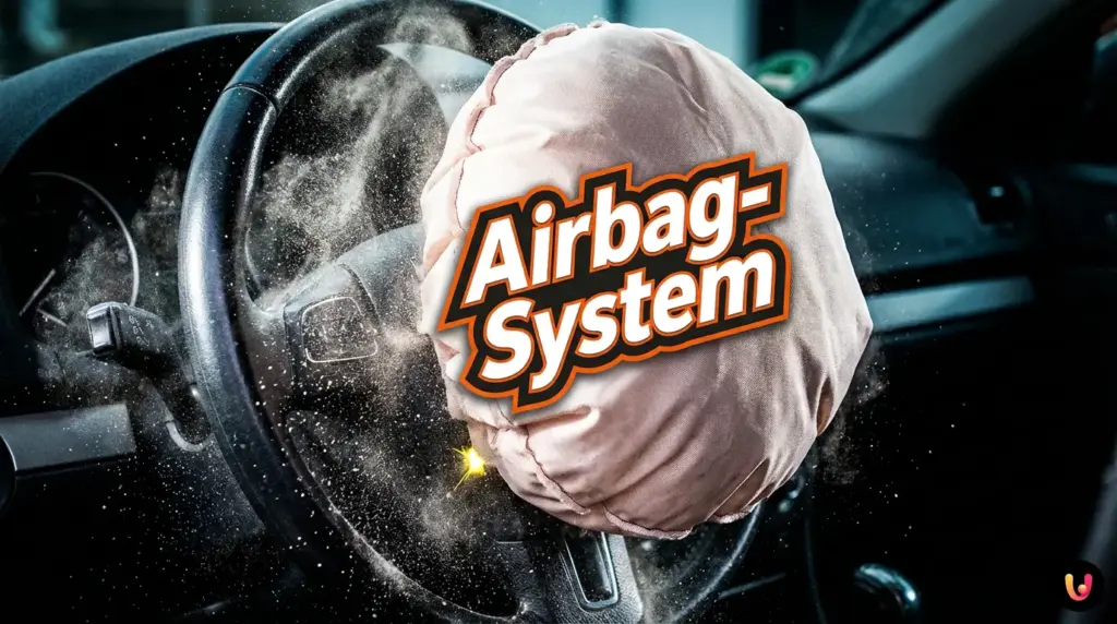 Ein sich blitzschnell &ouml;ffnender Airbag im Auto nach einem Aufprall bei einem Crashtest.