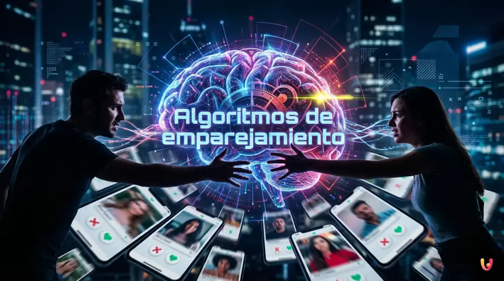 Tel&eacute;fono m&oacute;vil con una app de citas rodeado de f&oacute;rmulas matem&aacute;ticas y c&oacute;digos de algoritmos.