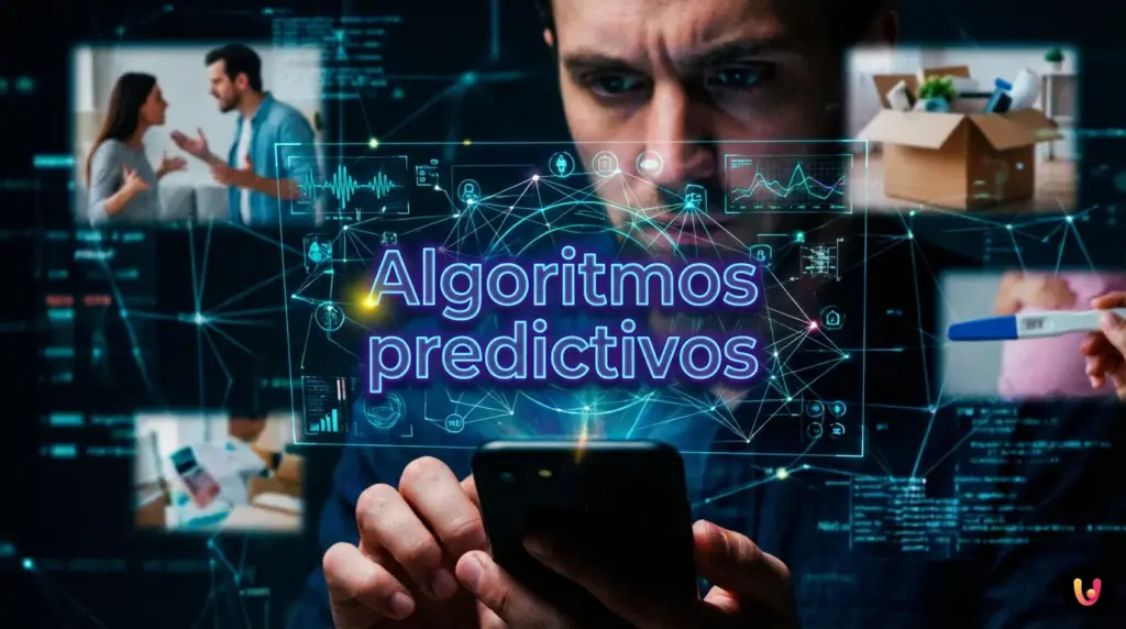 Manos sosteniendo un m&oacute;vil iluminado por gr&aacute;ficos de datos y biometr&iacute;a conductual.