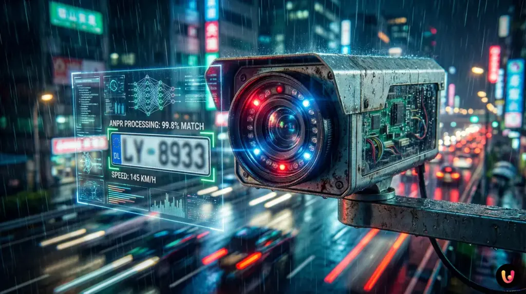 Telecamera intelligente che esegue la lettura automatica della targa di un veicolo in transito.