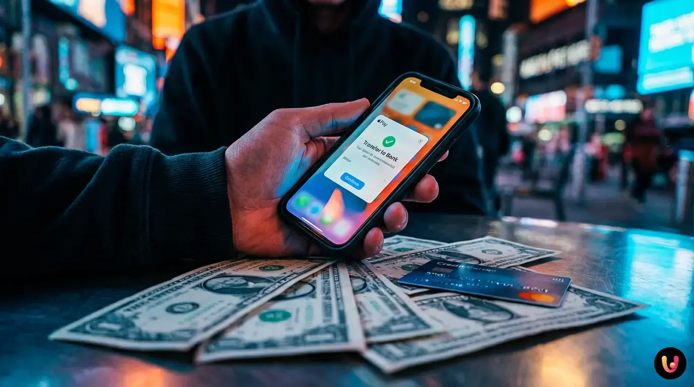 iPhone con app Wallet durante il trasferimento di fondi da Apple Pay al conto.