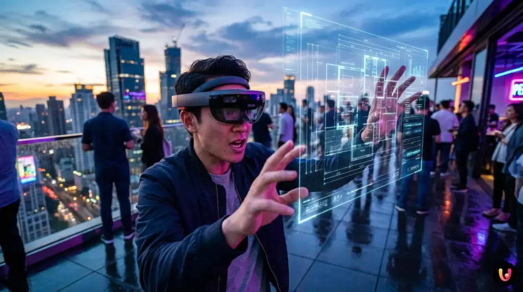 Apple Vision Pro: Tecnología y Alternativas 2026 Visor para la realidad mixta de última generación con interfaces digitales flotando en el espacio.