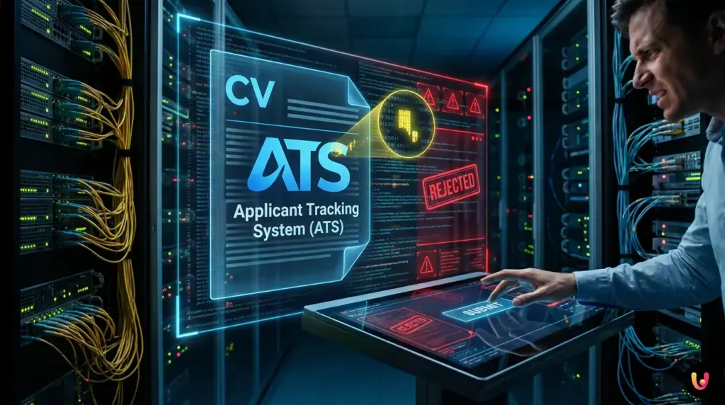 Digitale Analyse eines Lebenslaufs durch einen KI-Filter in einem Applicant Tracking System.