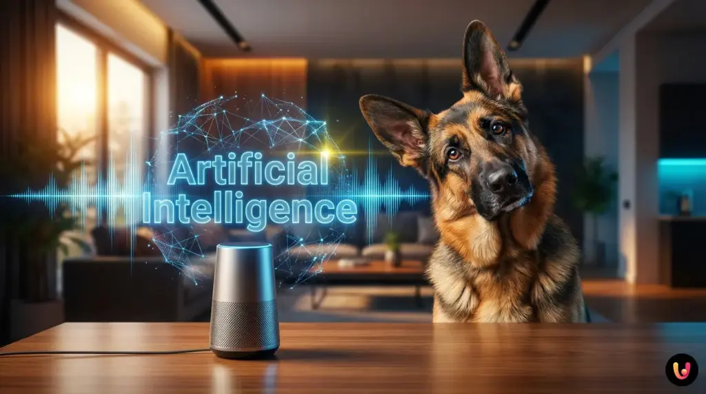 A confused dog tilting its head while listening to audio from a nearby smart speaker.