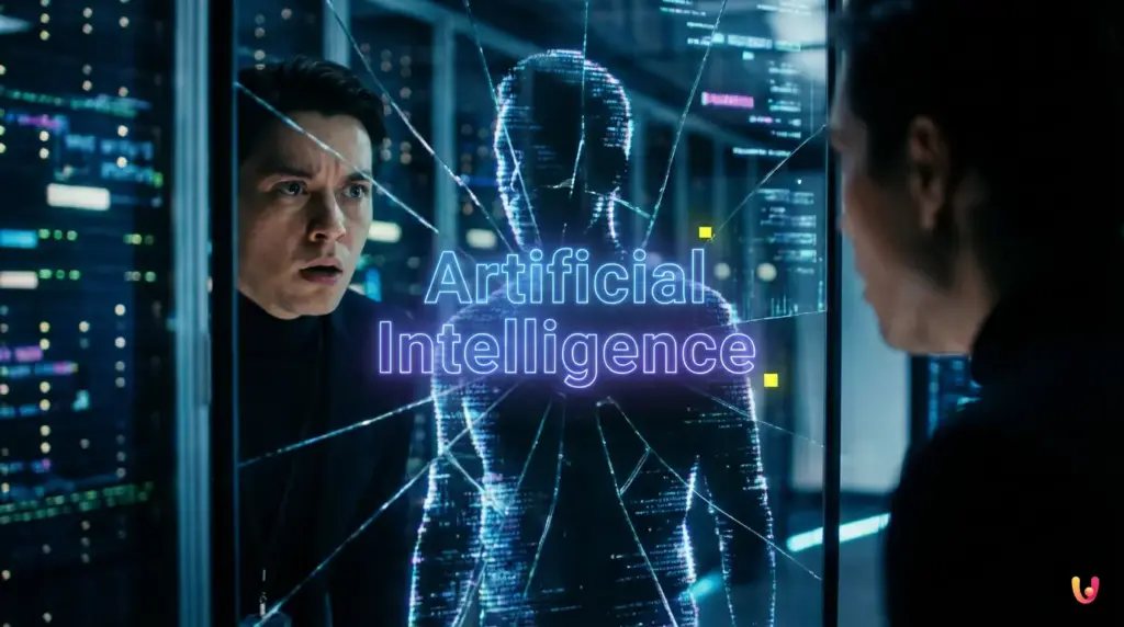 A human silhouette interacting with a glowing digital network representing an AI system.