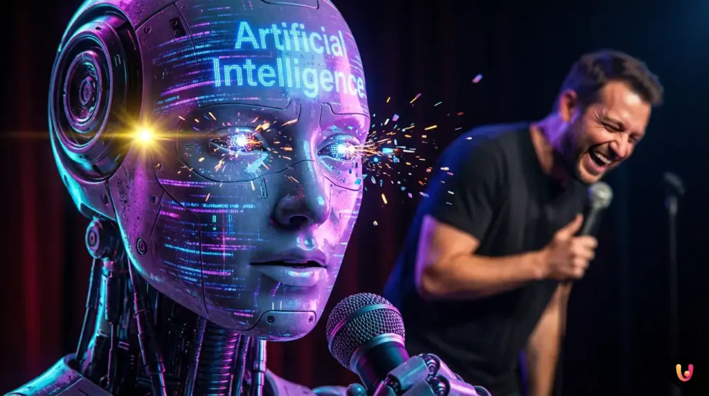 A glowing digital brain next to a comedy microphone, representing artificial intelligence limits.