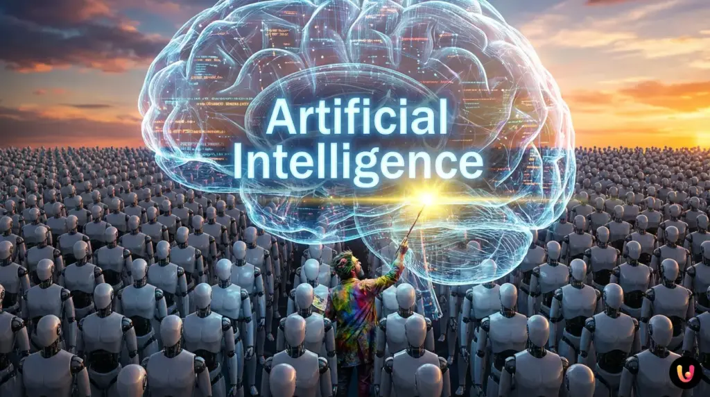 Digital illustration of an AI algorithm smoothing out vibrant human creativity into a bell curve.