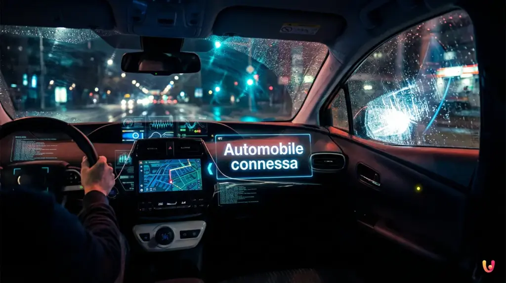 Altro che smartphone: la tua auto ora sa cose che non diresti a nes… Sagoma di un'automobile moderna connessa a una rete di dati digitali luminosi e sensori