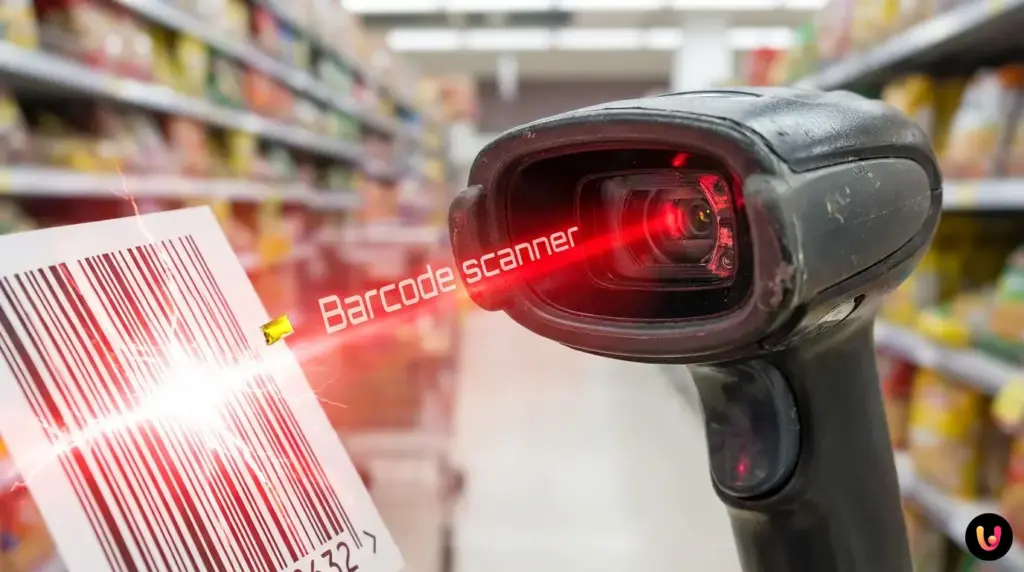 Close-up of a red laser from a barcode scanner reading the black and white stripes on a product.