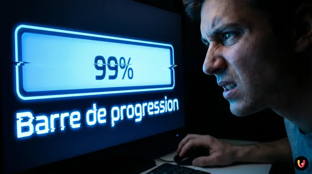 &Eacute;cran d'ordinateur affichant une barre de progression bloqu&eacute;e &agrave; 99 %.