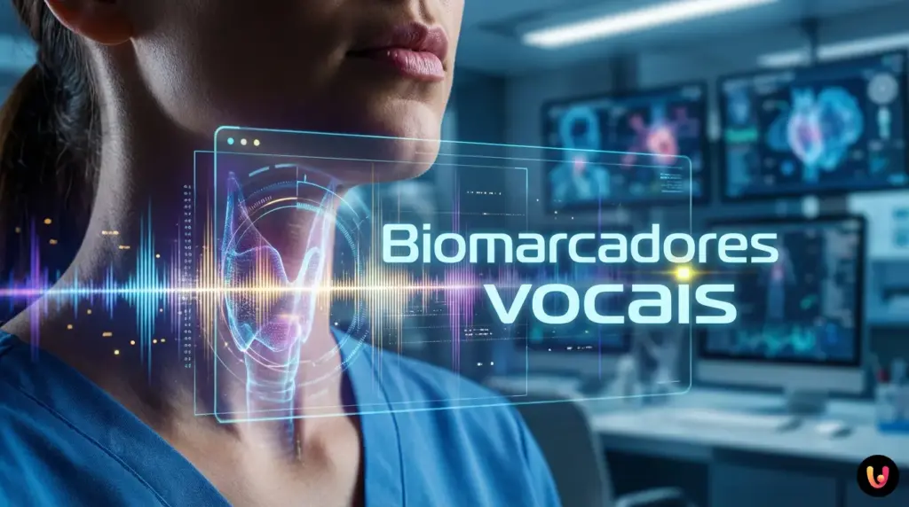 Ondas sonoras digitais ilustrando a an&aacute;lise m&eacute;dica da voz humana por intelig&ecirc;ncia artificial.