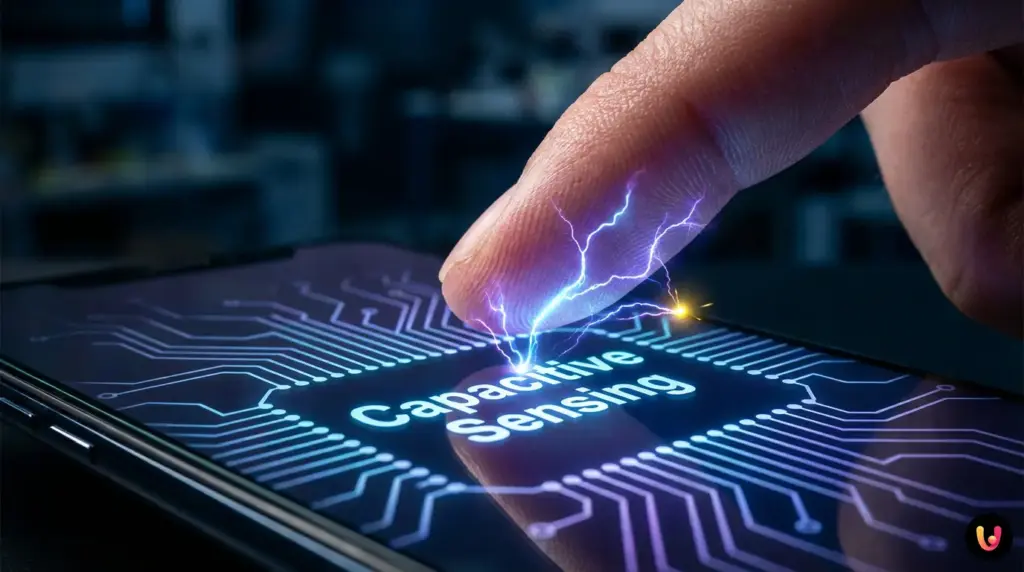 Close-up of a finger touching a smartphone screen illustrating capacitive sensing technology