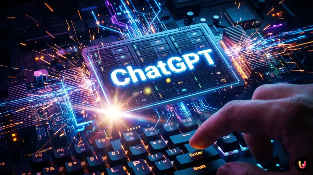 Das Standby-Mysterium: Warum KI-Modelle niemals wirklich warten Blinkender Cursor auf dunklem Bildschirm verschmilzt mit einem leuchtenden neuronalen Netzwerk.