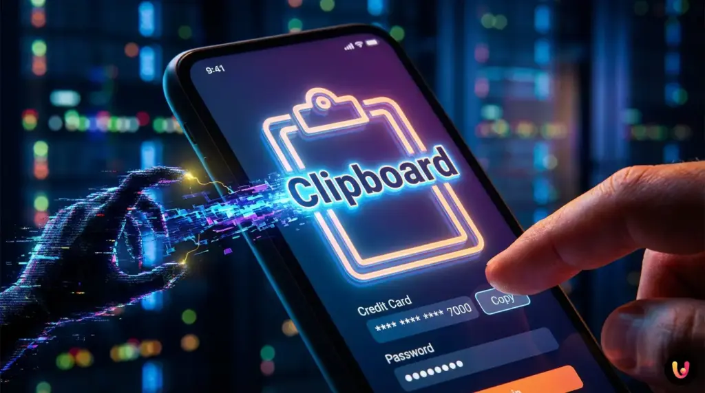 La trappola del copia-incolla: chi legge i tuoi dati bancari Dettaglio di uno smartphone durante il copia e incolla di dati sensibili con icona di pericolo.