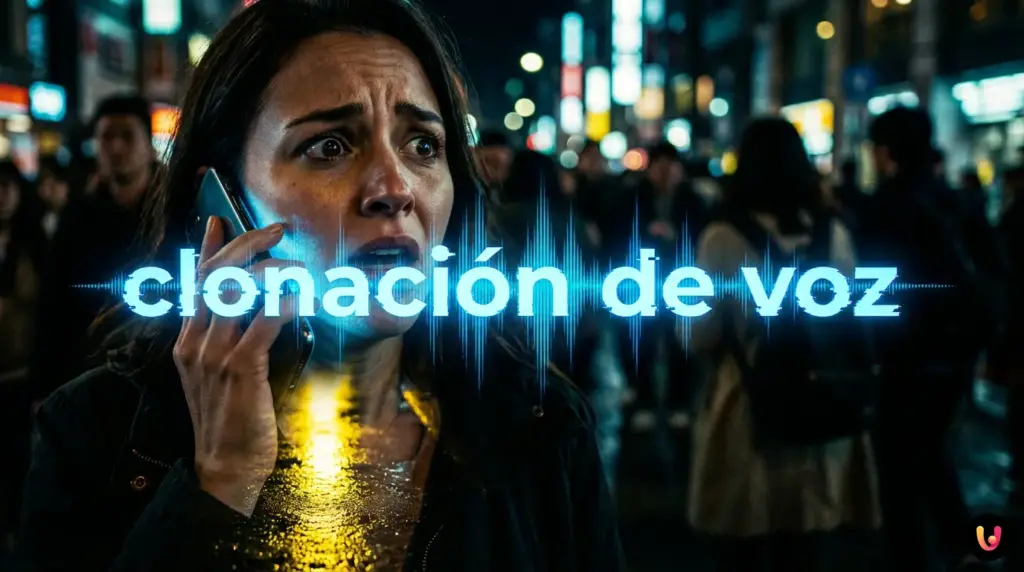 Tel&eacute;fono m&oacute;vil con ondas de sonido digitales, representando una llamada telef&oacute;nica fraudulenta.