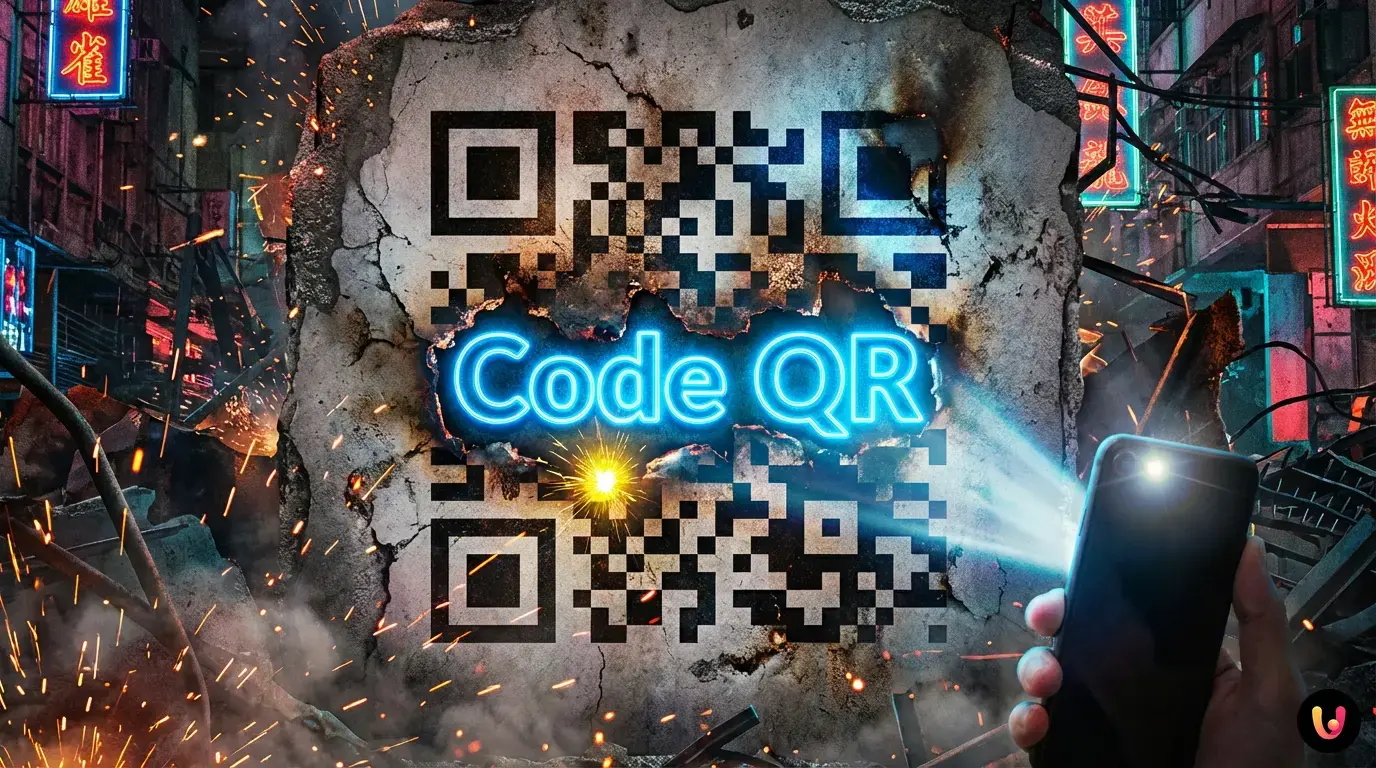 Gros plan d'un code QR montrant sa structure bidimensionnelle et ses motifs de recherche.