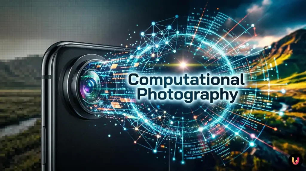 Smartphone-Kameraobjektiv umgeben von digitalen Codes und einem farbigen Bayer-Filter-Raster.