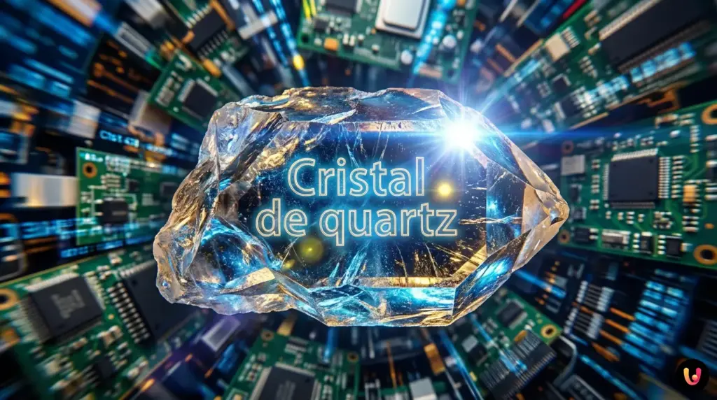 Un cristal de quartz brillant int&eacute;gr&eacute; au milieu des composants d'un circuit &eacute;lectronique.