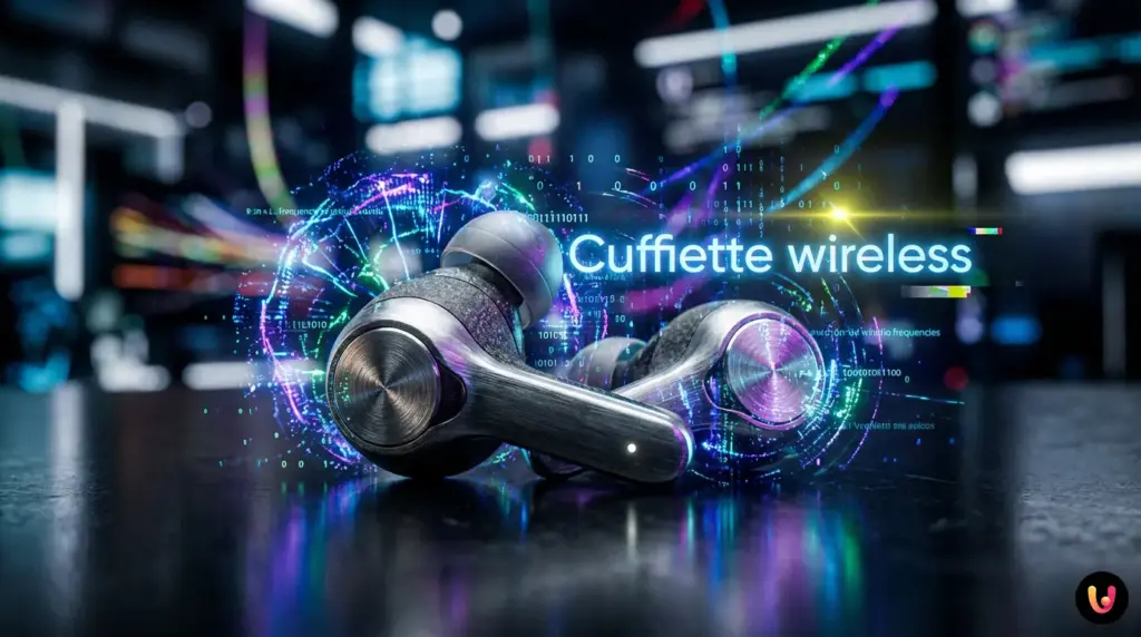 Cuffiette wireless appoggiate su una scrivania con onde digitali che rappresentano il segnale BLE.