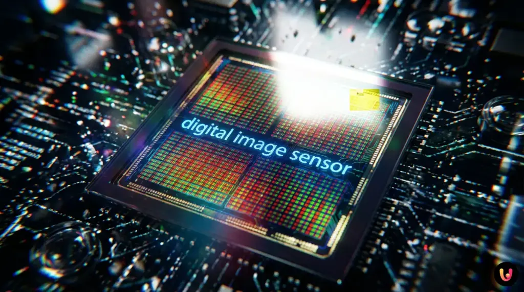 Macro view of a digital camera sensor displaying the microscopic Bayer color filter mosaic.
